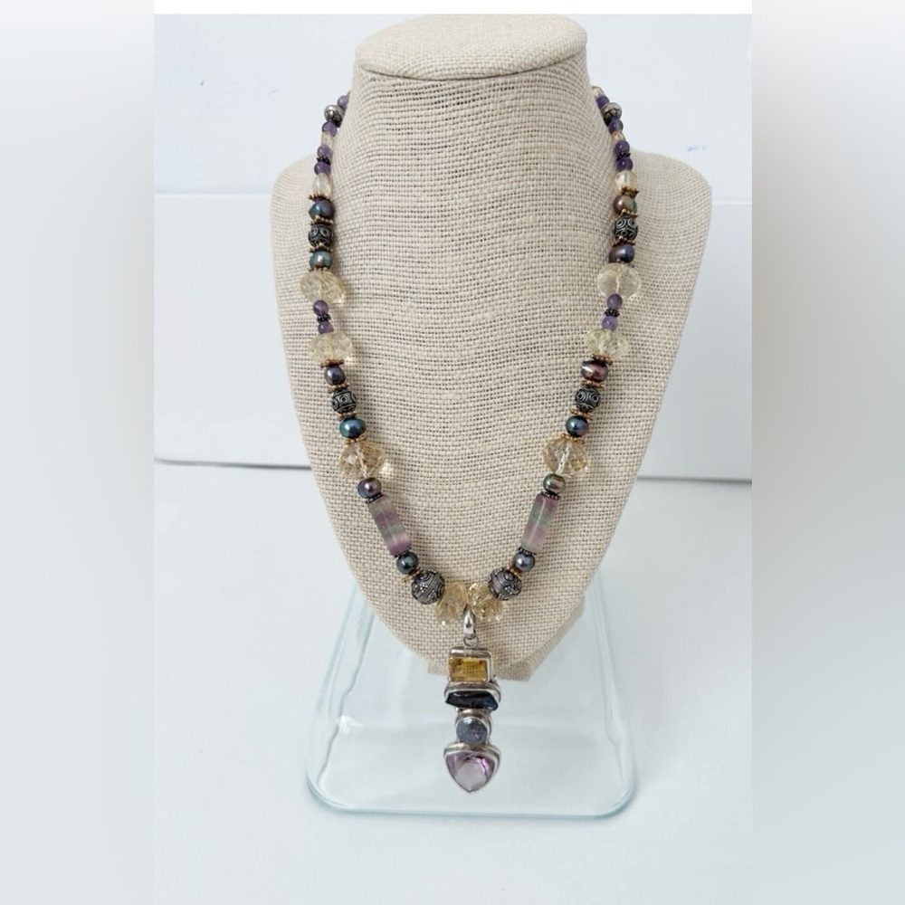 Genuine Sterling Silver, Amethyst, Topaz, Crystal, Pearl & Fluorite Necklace